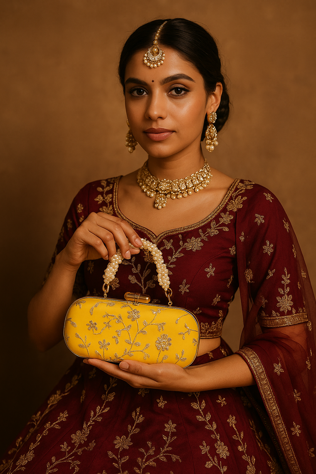 Sunshine Bloom – Yellow Pearl Handle Embroidered Box Clutch (8x4 inches)