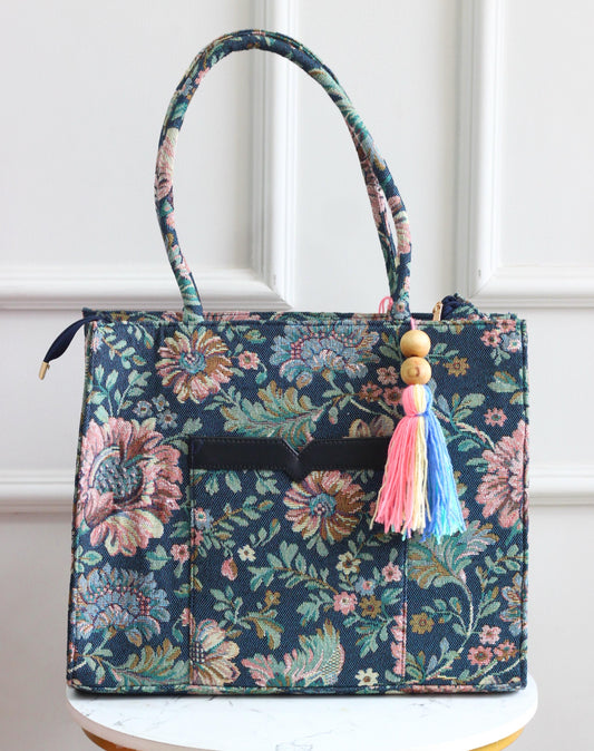 Vegan Jacquard BOX TOTE BAGS - Floral Edit - Green