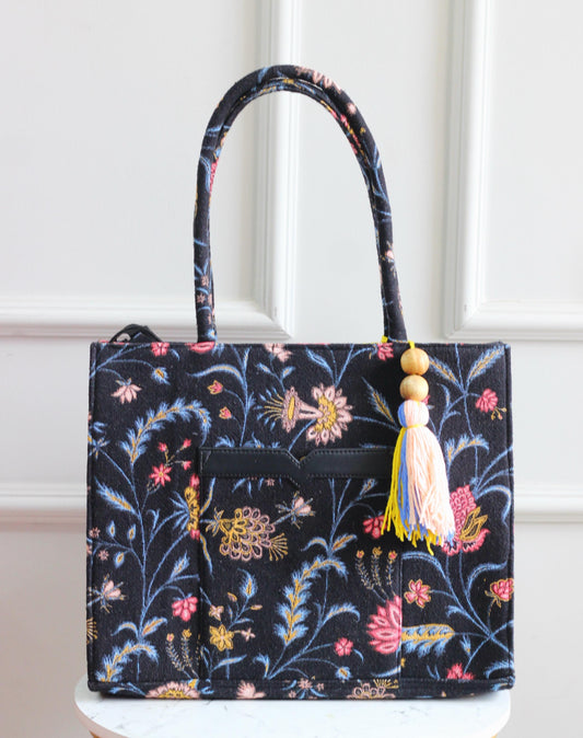 Jacquard Vegan Box Tote bags | Black Floral Collection