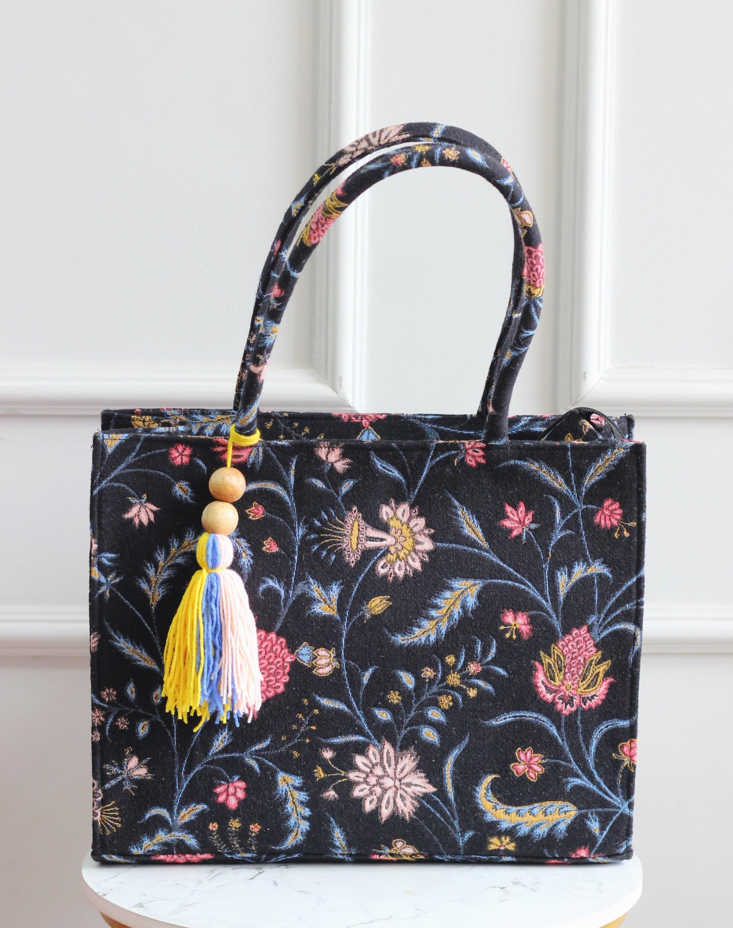 Jacquard Vegan Box Tote bags | Black Floral Collection