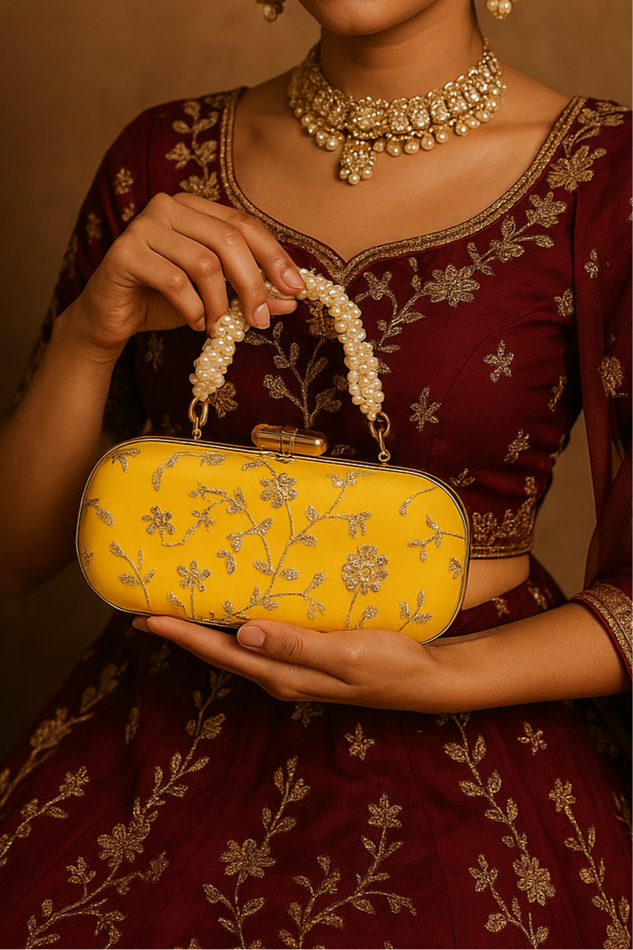 Sunshine Bloom – Yellow Pearl Handle Embroidered Box Clutch (8x4 inches)