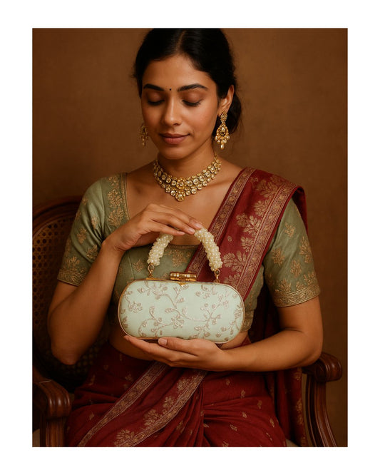 Mint Whisper – Handcrafted Pearl Handle Embroidered Box Clutch (8x4 inches)
