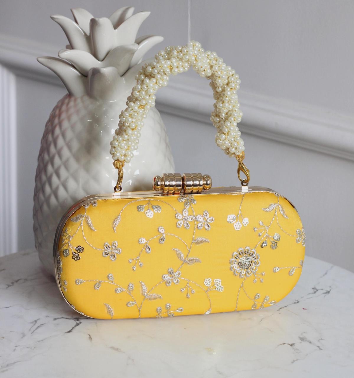 Sunshine Bloom – Yellow Pearl Handle Embroidered Box Clutch (8x4 inches)