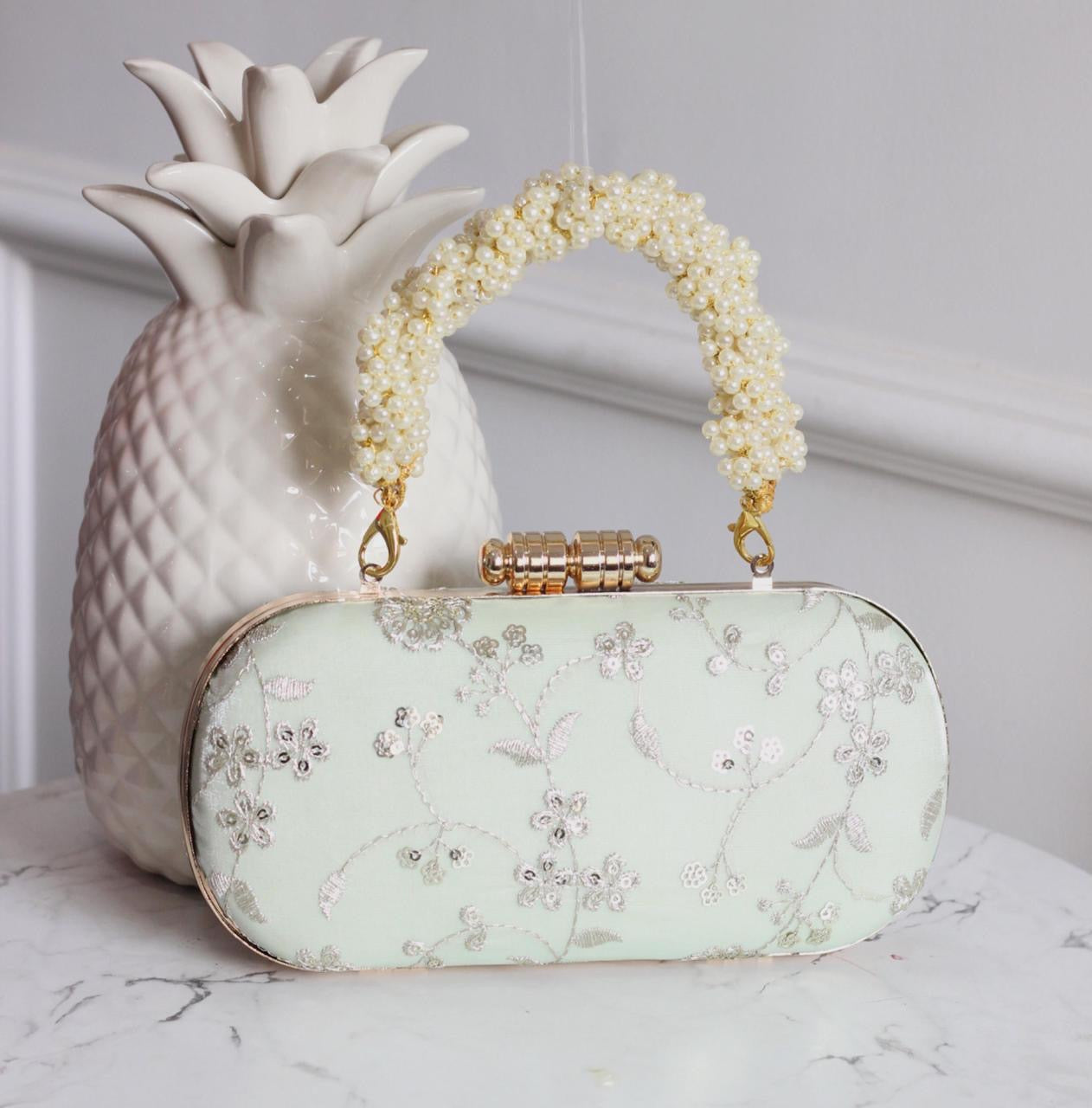 Mint Whisper – Handcrafted Pearl Handle Embroidered Box Clutch (8x4 inches)