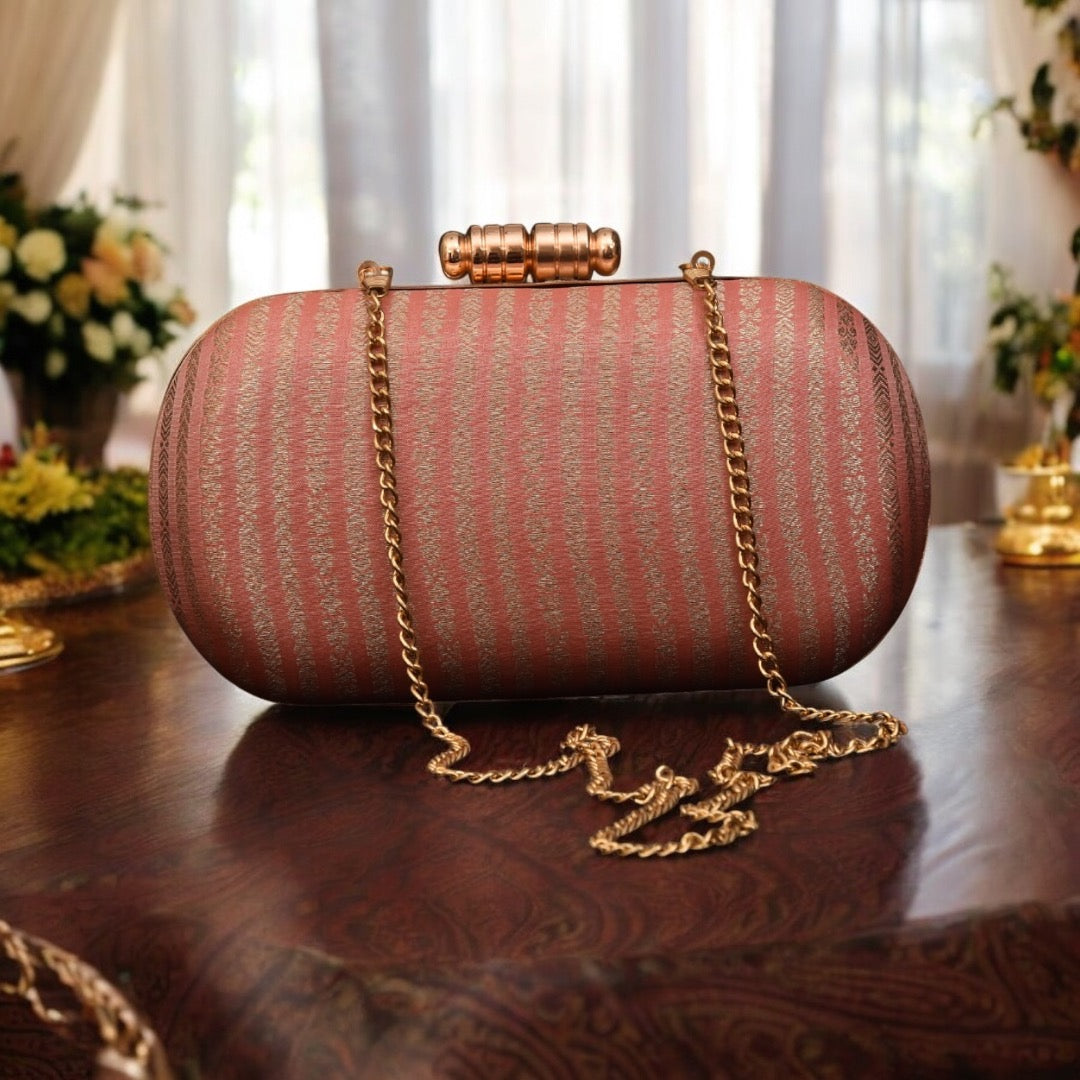 Pastel Stripes Banarasi Clutch - Pink