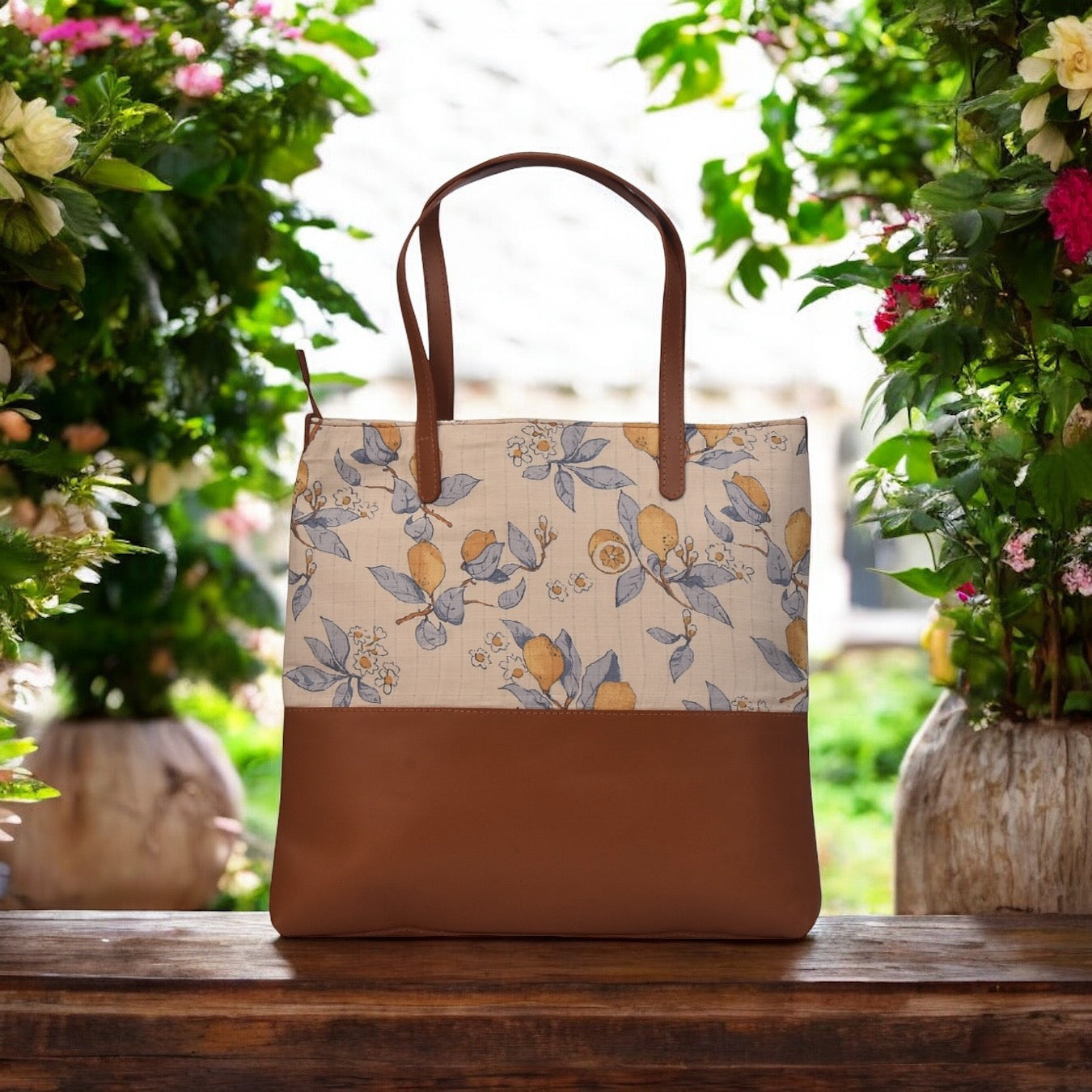 Beige Floral Tote bags