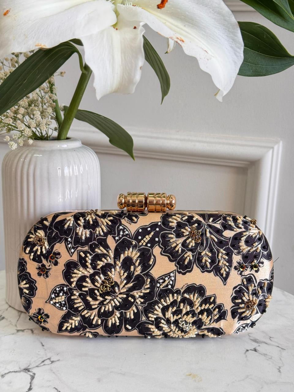 Peach embroidery box clutch